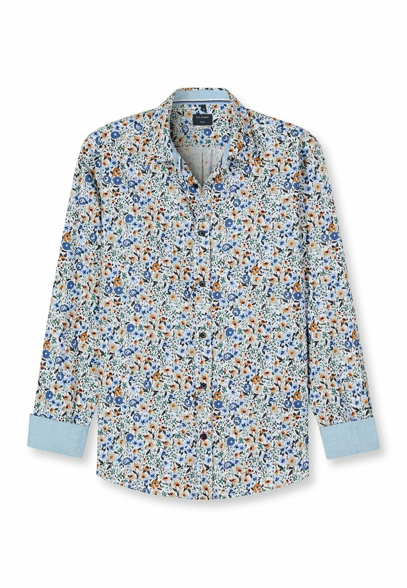 Blumenhemd mit langen Ärmeln auf hellblauem Hintergrund. Verfügt über mehrfarbige Blumen, einen spitzen Kragen und eine durchgehende Knopfleiste. Die Manschetten sind hellblau.