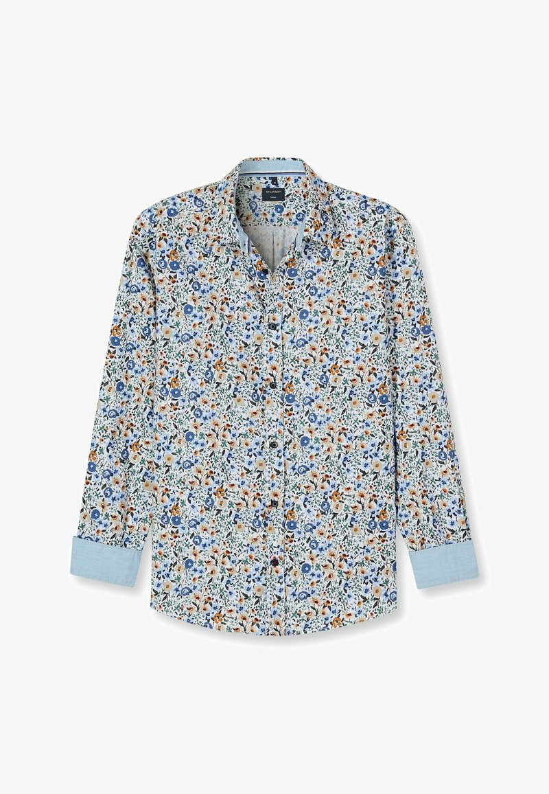 Blumenhemd mit langen Ärmeln auf hellblauem Hintergrund. Verfügt über mehrfarbige Blumen, einen spitzen Kragen und eine durchgehende Knopfleiste. Die Manschetten sind hellblau.