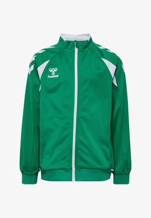 Zielona sportowa kurtka na zamek z białymi akcentami na ramionach i rękawach, z logo hummel na lewej piersi.