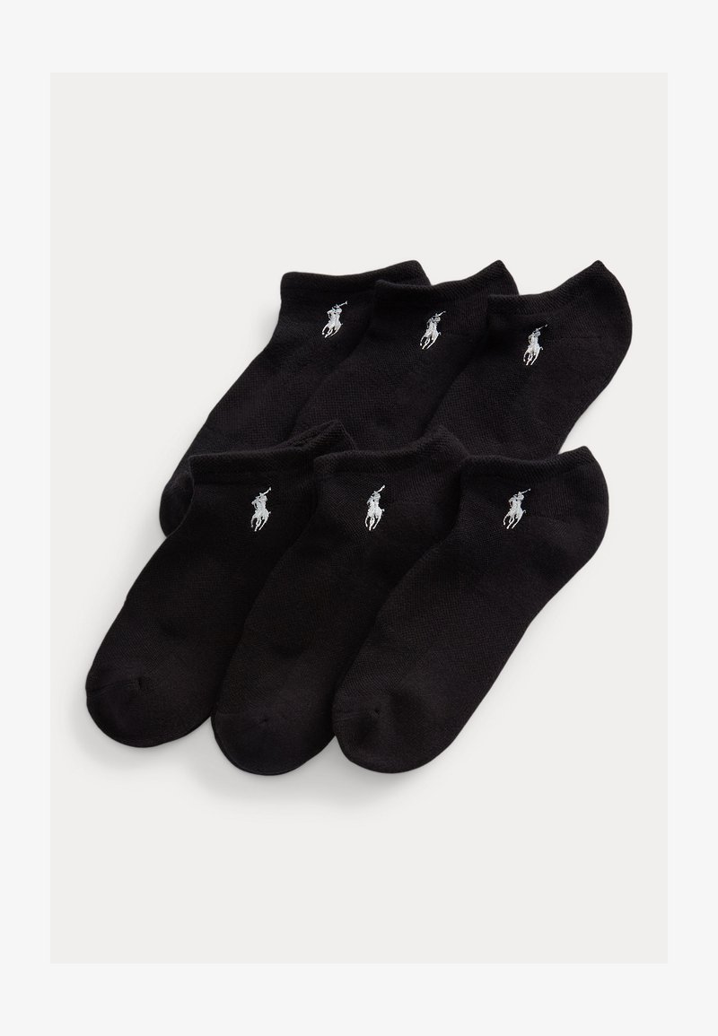 Six pairs of black low-cut socks with small white polo player logos on the ankle, arranged on a white background.
