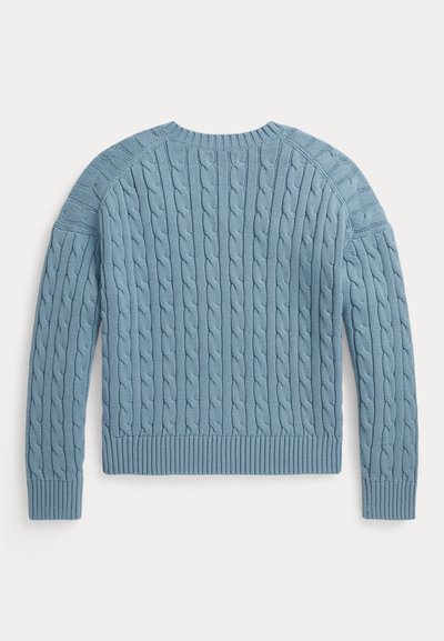 Pull bleu clair à maille torsadée, manches longues, poignets et ourlet côtelés, présenté à plat de dos.