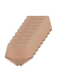 Pakke med 10 par kvinders højtaljede trusser i en lys tan-farve, lavet af blødt, strækbart stof med elastisk talje og sømløs design.