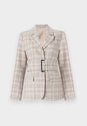 Beige plaid blazer with a fitted waist, large black belt buckle, notched lapels, and two front pockets. Textured fabric with blue accents.