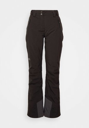 Black waterproof ski pants with a smooth texture, featuring zippered pockets, a straight leg design, and grey accents at the bottom.