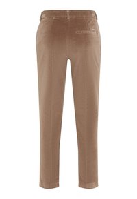 Bruine corduroy broek met een rechte pijpontwerp, voorzien van zijzakken en een achterzak, een gladde textuur en een middelhoog tailleband.