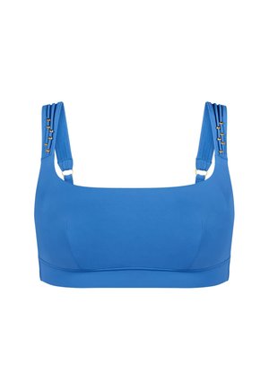 Blauwe sportbeha met brede, versierde bandjes met kleine gouden kralen en een vierkante halslijn.