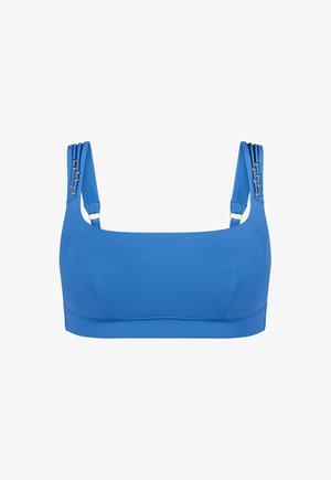 Top sportivo blu con spalline larghe decorate da piccole perle dorate e scollatura quadrata.