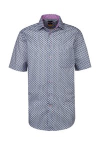 Camicia a maniche corte con bottoni, con un motivo geometrico nei colori blu, viola e verde. Presenta un colletto rosa e bottoni chiari.