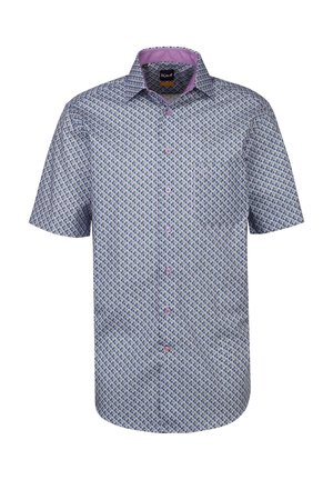 Kurzärmeliges Hemd mit geometrischem Muster in Blau, Lila und Grün. Mit pinkem Kragen und hellen Knöpfen.