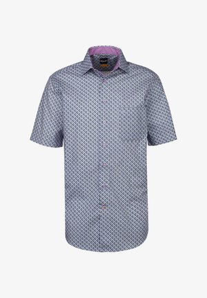 Camicia a maniche corte con bottoni, con un motivo geometrico nei colori blu, viola e verde. Presenta un colletto rosa e bottoni chiari.