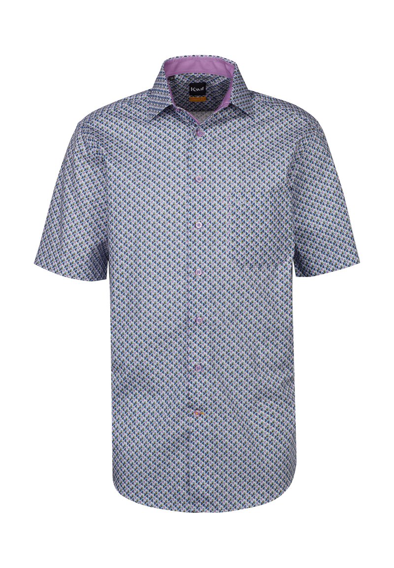 Camicia a maniche corte con bottoni, con un motivo geometrico nei colori blu, viola e verde. Presenta un colletto rosa e bottoni chiari.