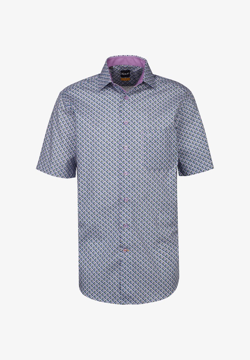 Camicia a maniche corte con bottoni, con un motivo geometrico nei colori blu, viola e verde. Presenta un colletto rosa e bottoni chiari.