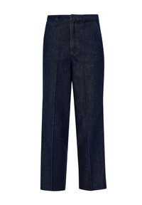Jean bleu foncé taille haute à jambes larges avec pli frontal et passants de ceinture, présenté sur fond blanc.