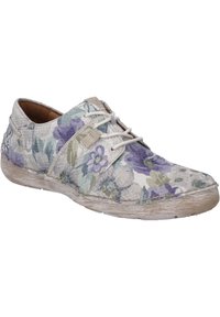 Buty w kwiatowy wzór z plecionego materiału w odcieniach lawendy i zieleni, z beżowymi sznurówkami i teksturowaną, jasną podeszwą.