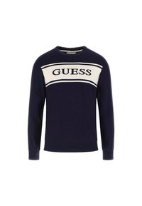 Suéter azul marino con franjas horizontales en crema, con el texto "GUESS" en negrita. Hecho de material de punto, de mangas largas, con puños y dobladillo acanalados.