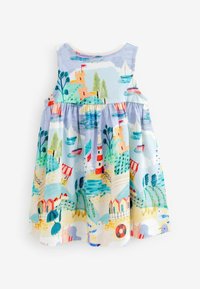 Dětské šaty bez rukávů s nařaseným pasem, s barevným potiskem z pobřeží zahrnujícím lodě, maják, hrad, stromy, ptáky a plážové domky.