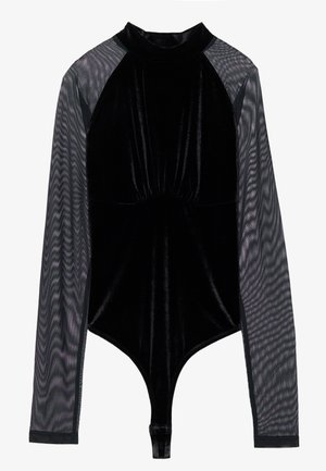 Black bodysuit with a velvet torso and sheer mesh long sleeves. Features a high neckline and snug fit with a thong cut at the bottom.