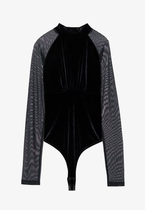 Schwarzer Body mit einem samtigen Oberteil und langen, transparenten Mesh-Ärmeln. Verfügt über einen hohen Halsauschnitt und eine enganliegende Passform mit einem Tanga-Schnitt am unteren Ende.