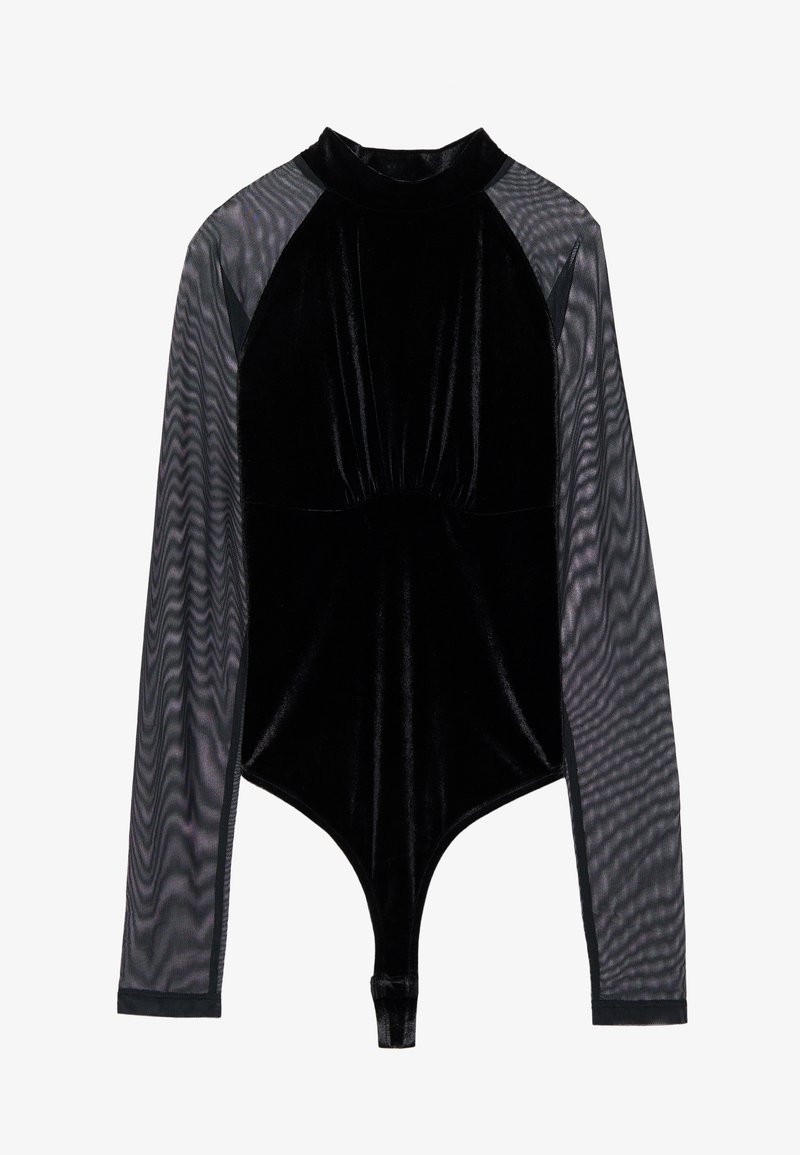 Black bodysuit with a velvet torso and sheer mesh long sleeves. Features a high neckline and snug fit with a thong cut at the bottom.