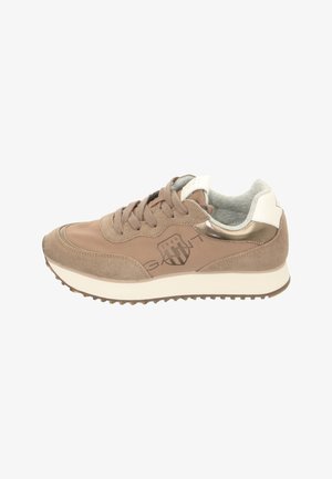 Beige Wildledersneaker mit glattem Lederakzent, runder Zehenpartie, Schnürdesign, Logodetail an der Seite und strukturiertem Gummisohle.