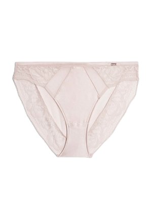 Lichtroze kant en stoffen slips met bloemenkant afwerking, een glad voorpaneel en een standaard snit, met delicate stikdetails.