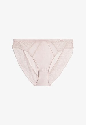 Světle růžové krajkové a textilní kalhotky s květinovými krajkovými detaily, hladkým předním panelem a standardním střihem, které obsahují jemné švy.