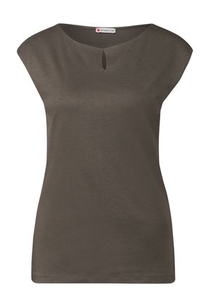 Donkergroen olijfkleurig, T-shirt met korte mouwen van zachte stof. Heeft een ronde halslijn met een klein keyhole-ontwerp aan de voorkant.