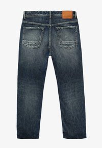 Donkerblauwe denim jeans met een rechte pasvorm, met twee achterzakken en een gestructureerde afwerking. Bruine leren patch op de tailleband.