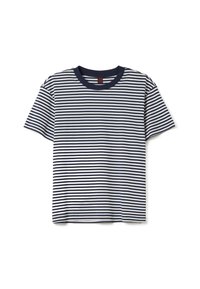 Camiseta de algodón con rayas horizontales en navy y blanco, de manga corta, escote redondo y un corte relajado. Textura suave y lisa.