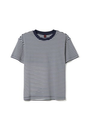 Baumwoll-T-Shirt mit navyblauen und weißen horizontalen Streifen, kurzen Ärmeln, rundem Halsausschnitt und lockerer Passform. Weiche, glatte Textur.