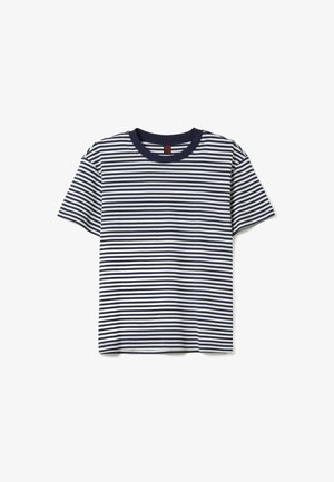 Baumwoll-T-Shirt mit navyblauen und weißen horizontalen Streifen, kurzen Ärmeln, rundem Halsausschnitt und lockerer Passform. Weiche, glatte Textur.