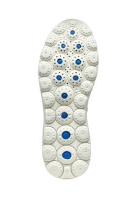 Suela de zapato en goma blanca con indentaciones circulares. Acentos azules en algunos círculos. Superficie texturizada para mayor agarre y flexibilidad.