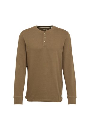 Langärmeliges Henley-Shirt in Khaki, aus weichem Baumwollmaterial. Verfügt über einen runden Halsausschnitt mit drei Knöpfen, gerippte Manchetten und einen geraden Schnitt.
