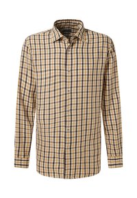 Langarm-Hemd mit Karomuster in Brauntönen und Beige. Mit klassischem Kragen, Knopfleiste und kontrastierenden Besätzen an den Manschetten und am Kragen.