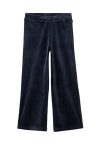 Marineblauwe wijde broek gemaakt van zachte, pluizige stof, met een gladde tailleband en een enkele knoopsluiting aan de voorkant.