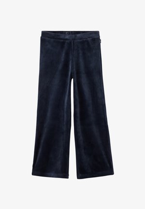 Marineblauwe wijde broek gemaakt van zachte, pluizige stof, met een gladde tailleband en een enkele knoopsluiting aan de voorkant.