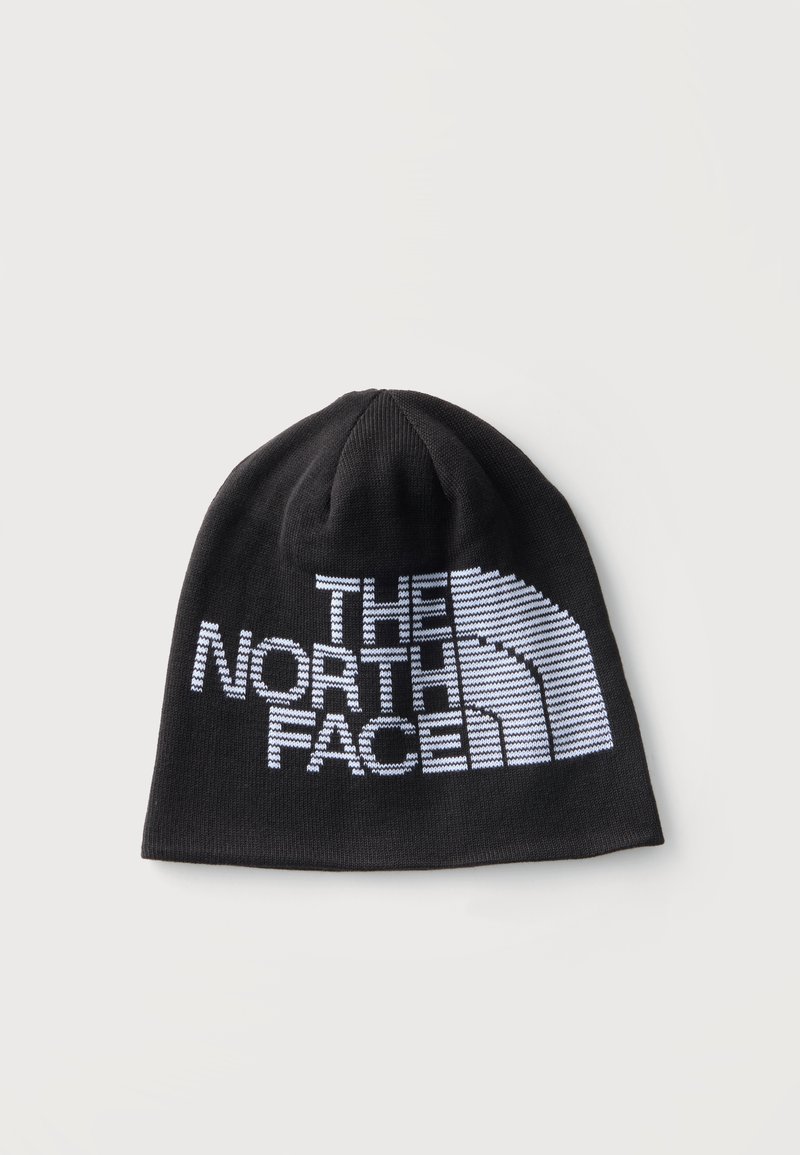 Черна плетена шапка с бяло ивицирано лого на The North Face, центрирано отпред.