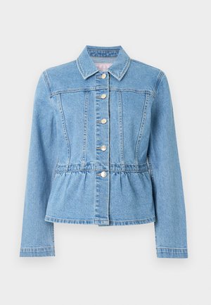 Lyseblå denimjakke med innsvingt midje, lange ermer, krage og syv sølvknapper. Har detaljer med søm foran og en innsamlet midje.
