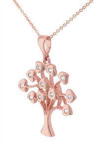 Rose guld træ vedhængs halskæde med funklende klare sten på grenene, der har en glat overflade og en elegant kæde.