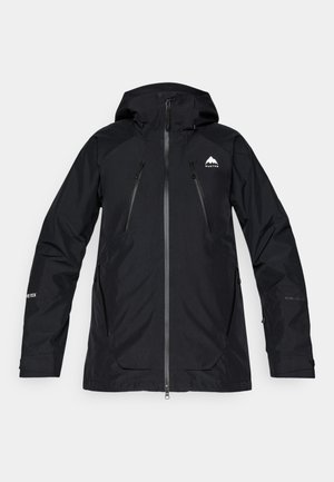 Jachetă waterproof neagră cu glugă, dotată cu buzunare cu fermoar, cu un finisaj neted și un logo pe piept și pe mânecă. Design ușor, athletic.