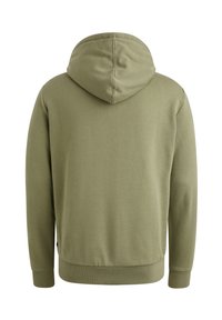 Olive green hoodie with a smooth texture, featuring a drawstring hood and ribbed cuffs and hem, designed for a relaxed fit.