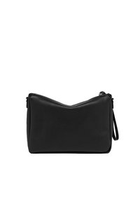 Borsa a pochette in pelle nera con superficie texturizzata, parte superiore inclinata, chiusura con zip e un manico a polso attaccato per un facile trasporto.