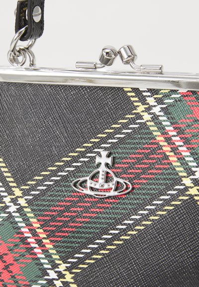 Black plaid clutch bag with silver metal clasp. Features red, green, and white patterns. Includes decorative silver hardware detail.