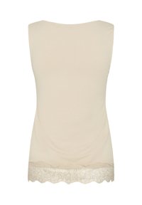 Top beige sans manches, coupe droite, avec une bordure en dentelle en bas, présenté sur un fond blanc uni.