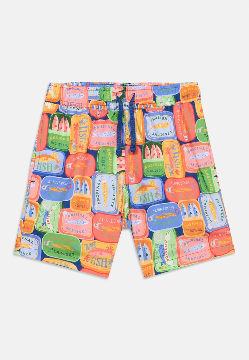 Έγχρωμα μαγιό βερμούδες με εκτυπωμένα διάφορα απεικονισμένα κουτιά σαρδέλας σε αποχρώσεις πορτοκαλί, πράσινου, μπλε και ροζ, με μπλε κορδόνι στη μέση.