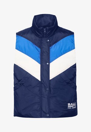 Marineblå puffer vest med chevronmønster i lyseblå, mørkeblå og hvid; har høj krave, lynlås lukning og sidelommer.