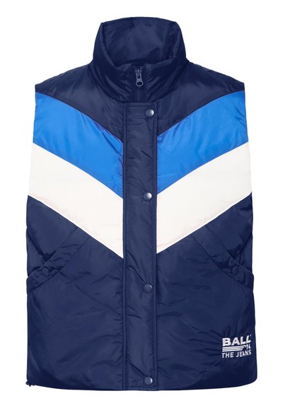 Marineblaues Steppweste mit Zickzackmuster in Hellblau, Dunkelblau und Weiß; mit hohem Kragen, Reißverschluss und seitlichen Taschen.