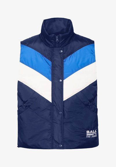 Marineblaues Steppweste mit Zickzackmuster in Hellblau, Dunkelblau und Weiß; mit hohem Kragen, Reißverschluss und seitlichen Taschen.