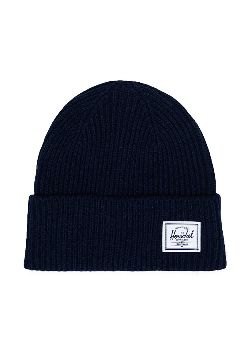 Marineblauwe gebreide beanie met geribbelde textuur en omgeslagen rand. Bevat een rechthoekig wit label met het merlogo aan de zijkant.