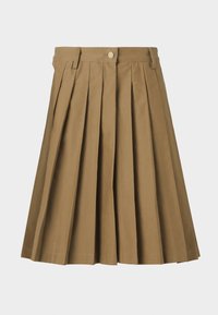 Gonna plissettata color khaki realizzata in misto cotone, con chiusura a bottoni e vita, caratterizzata da pieghe nette che scorrono dalla parte superiore fino in fondo.